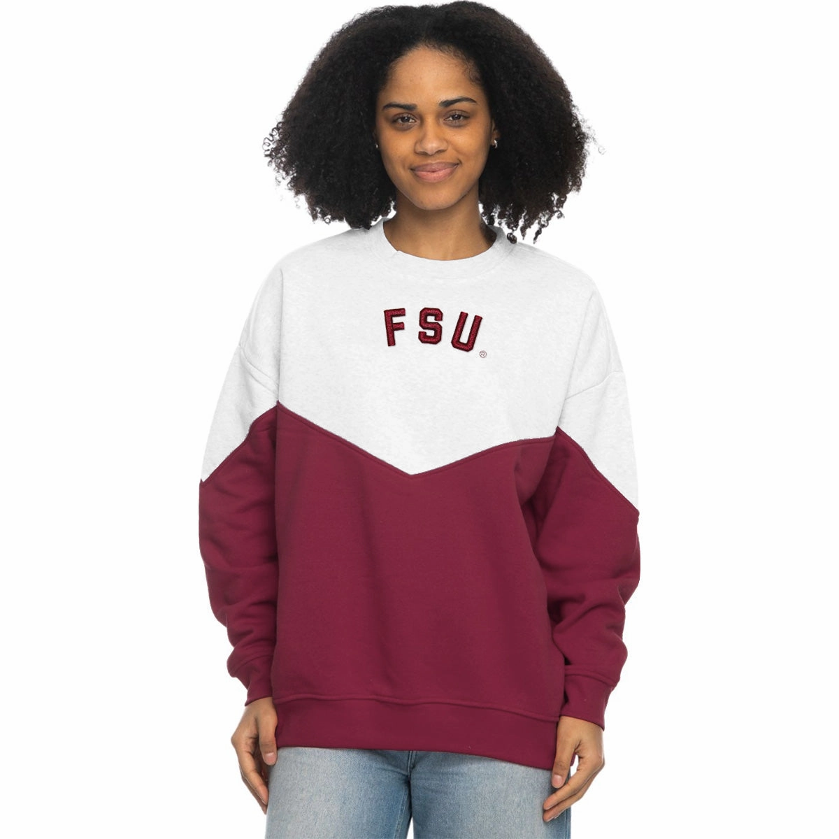 ZooZatz Women's FSU Color Block Crew Knit Sweatshirt - White/Garnet Core Fresh breath easy
