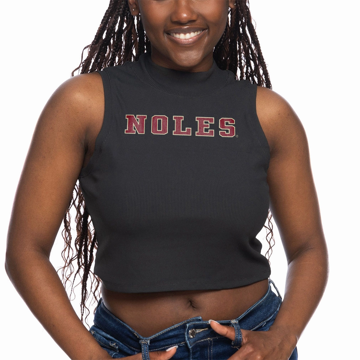 ZooZatz Women's Noles Mock Neck Crop Tank - Black modular
