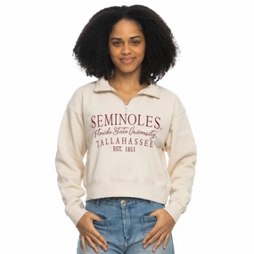 ZooZatz Women's Seminoles/Florida State University Design Cropped 1/4 Zip Sweatshirt - Sand Enemy - deterring steel body